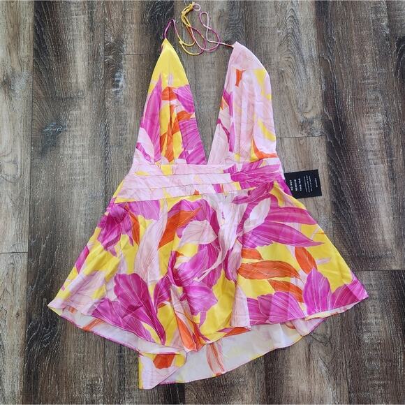 Retrofete Valo Mini Dress in Botanical Floral Halter Size Large Silk NWT - Picture 3 of 12